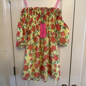 Betsey Johnson Baby Doll Dress Womens L Yellow Floral Smocked Puff Sleeve NWT